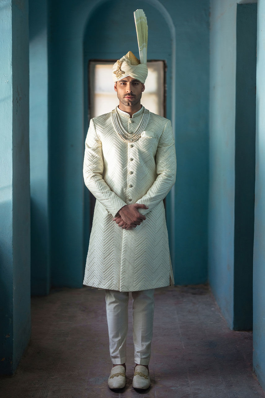 Off White Hand-Embroidered Raw Silk Sherwani (2-Piece) - Image 1