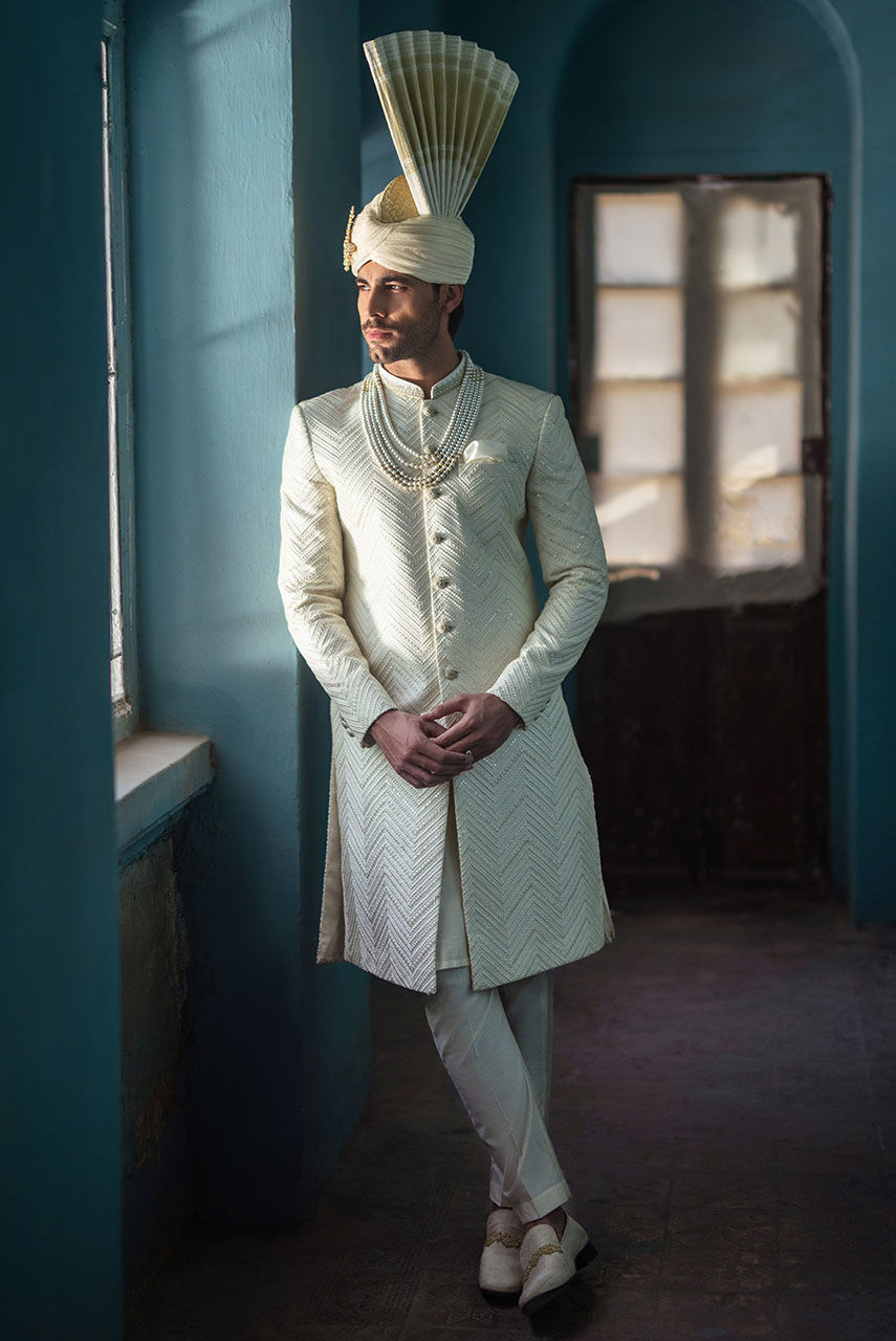 Off White Hand-Embroidered Raw Silk Sherwani (2-Piece) - Image 2