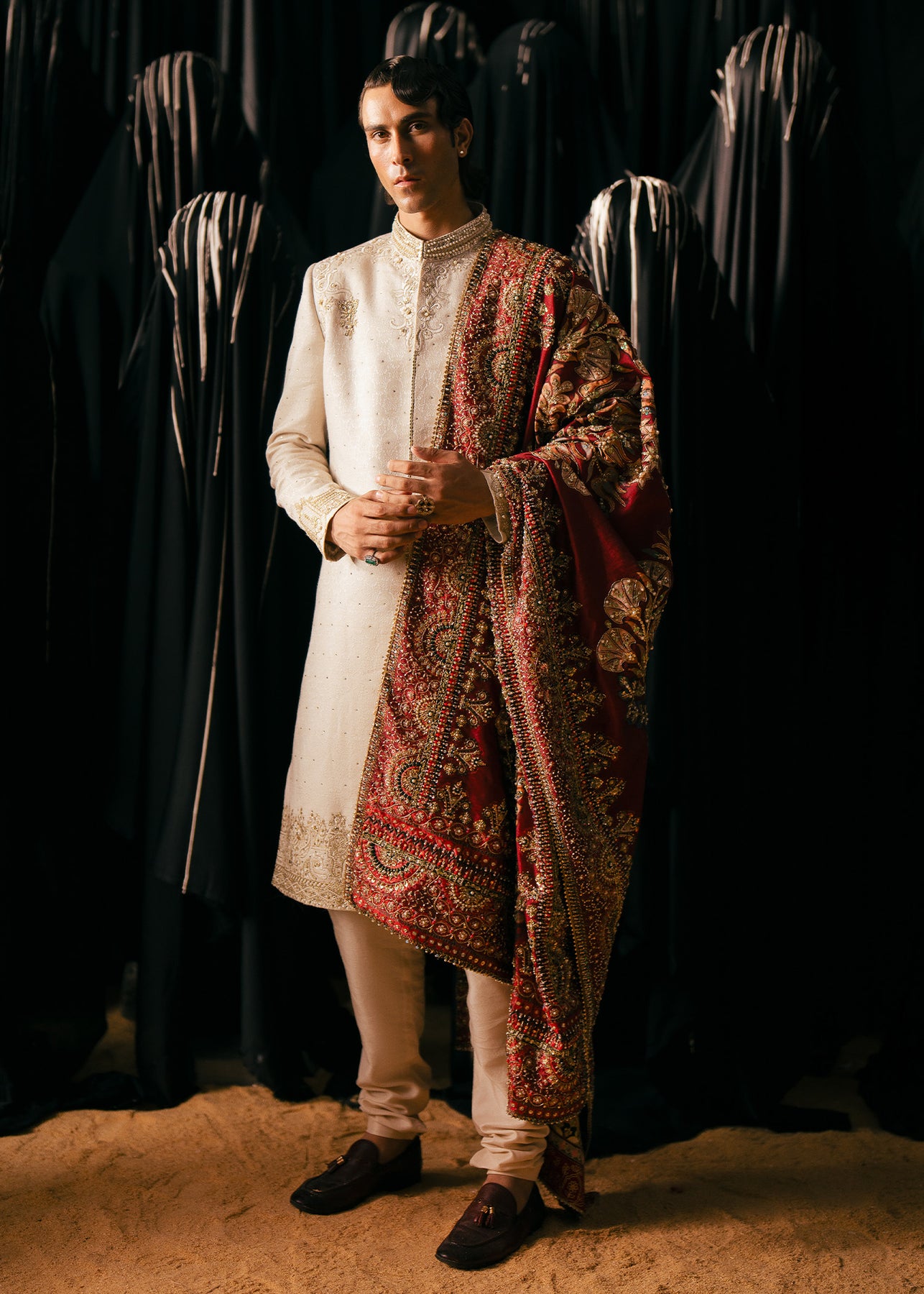 Ivory Hand Embroidered Raw Silk Sherwani (3-Piece) - Image 2