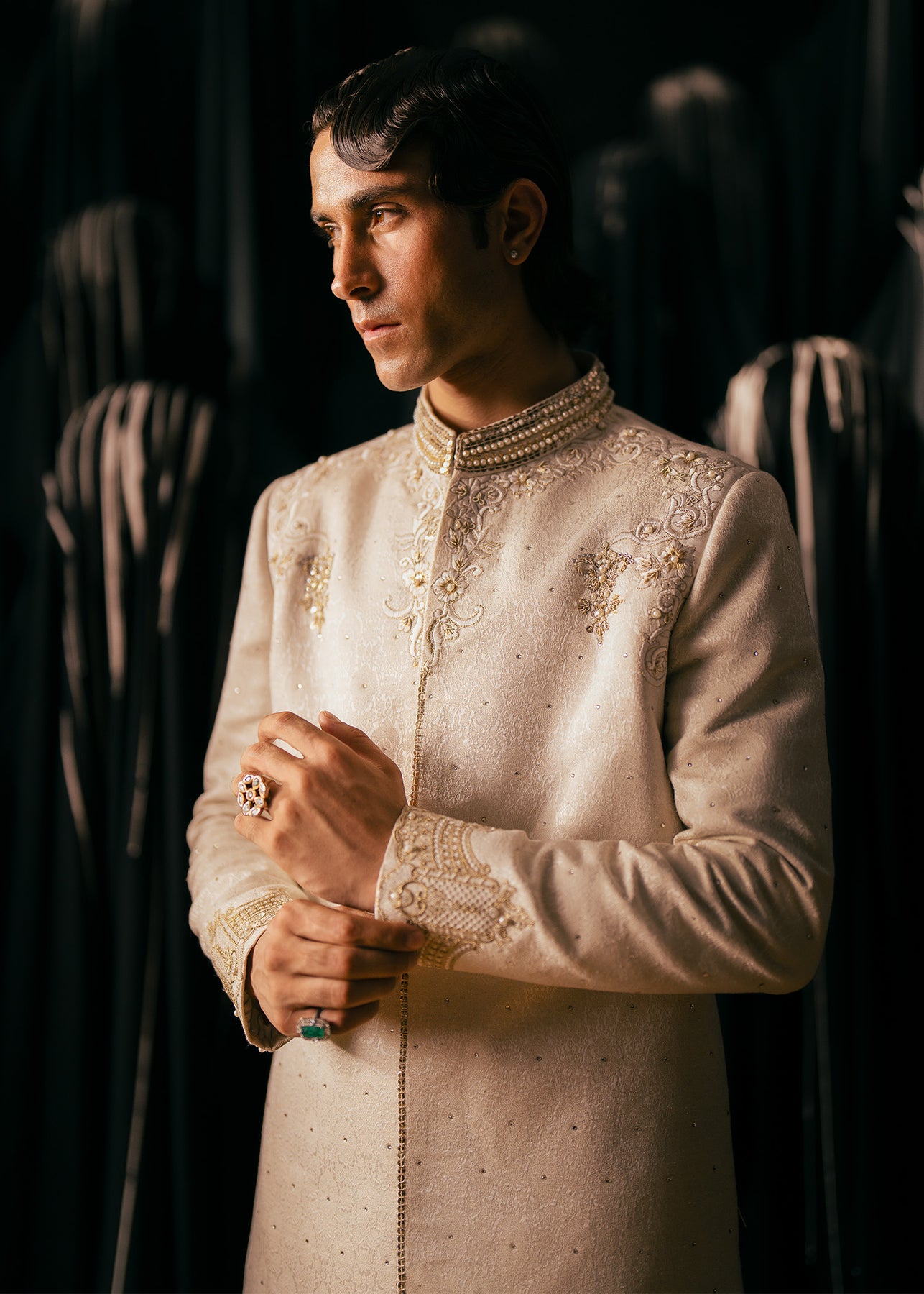 Ivory Hand Embroidered Raw Silk Sherwani (3-Piece) - Image 3