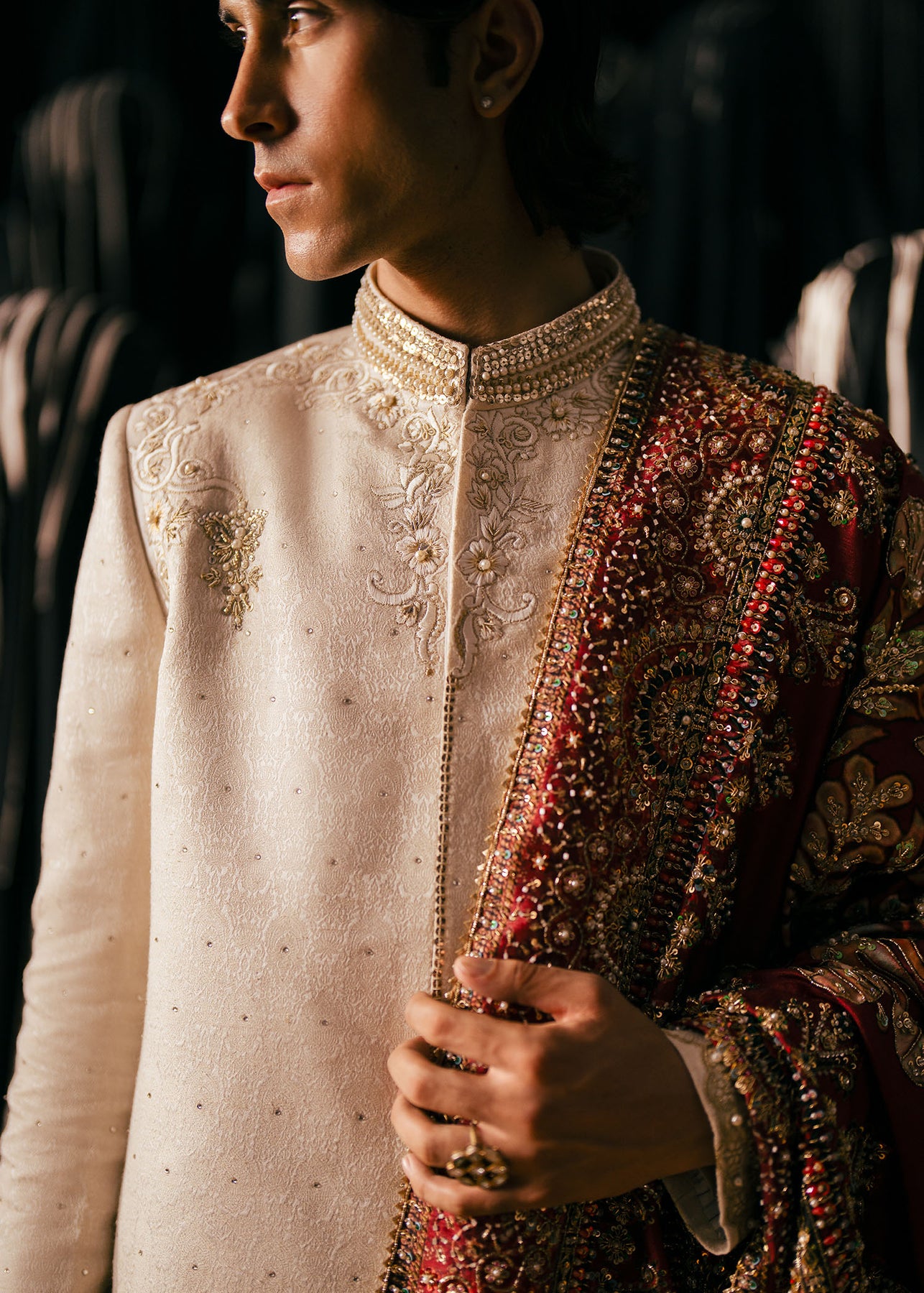Ivory Hand Embroidered Raw Silk Sherwani (3-Piece) - Image 4