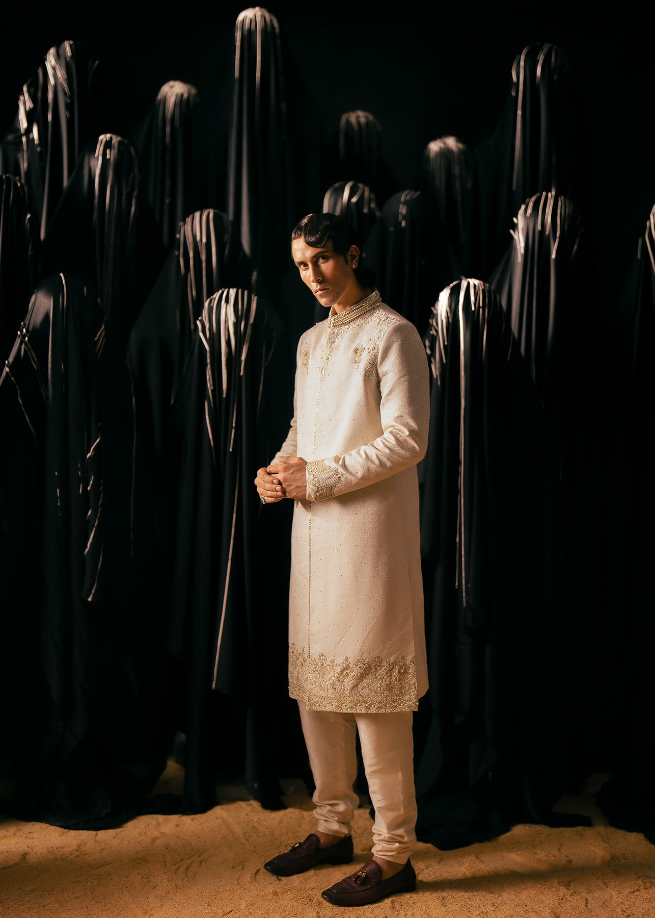 Ivory Hand Embroidered Raw Silk Sherwani (3-Piece) - Image 5