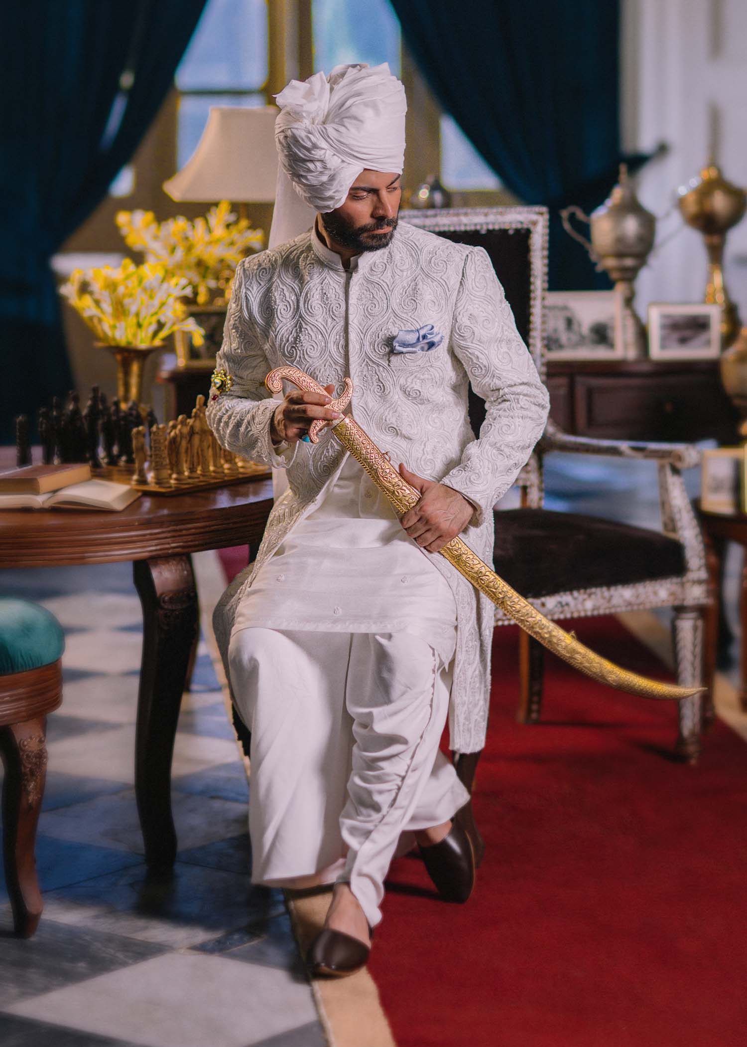 Ivory Hand-Embroidered Raw Silk Groom Sherwani (3-Piece) - Image 2