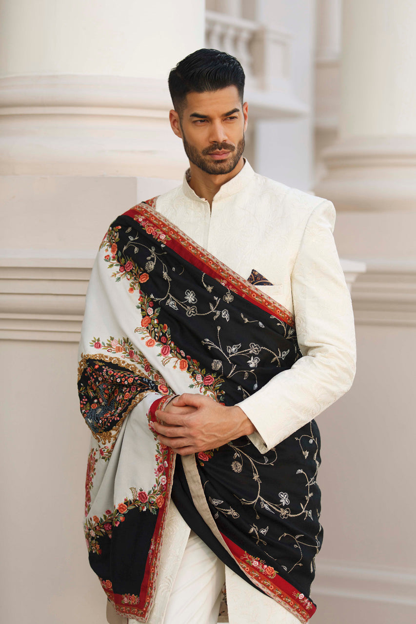 Ivory Embroidered Raw Silk Groom Sherwani (3-Piece) - Image 1