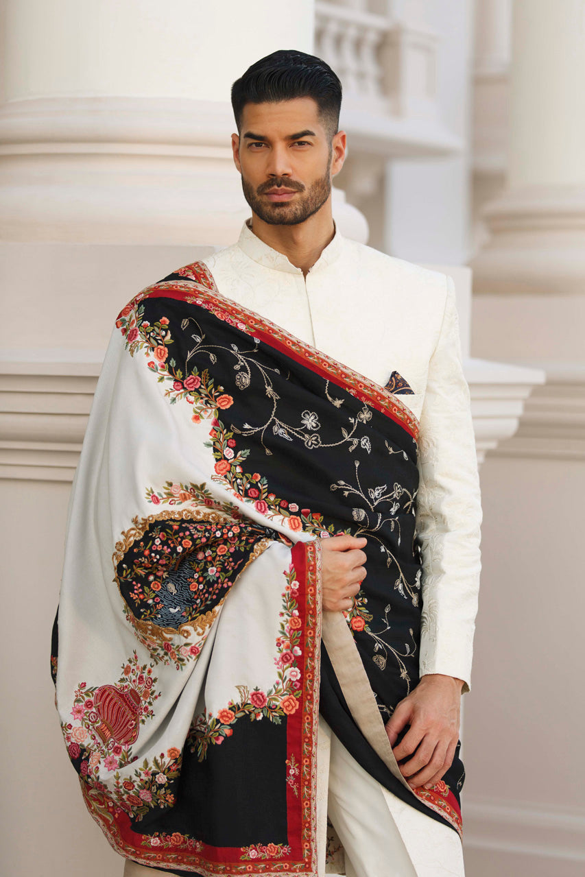 Ivory Embroidered Raw Silk Groom Sherwani (3-Piece) - Image 2