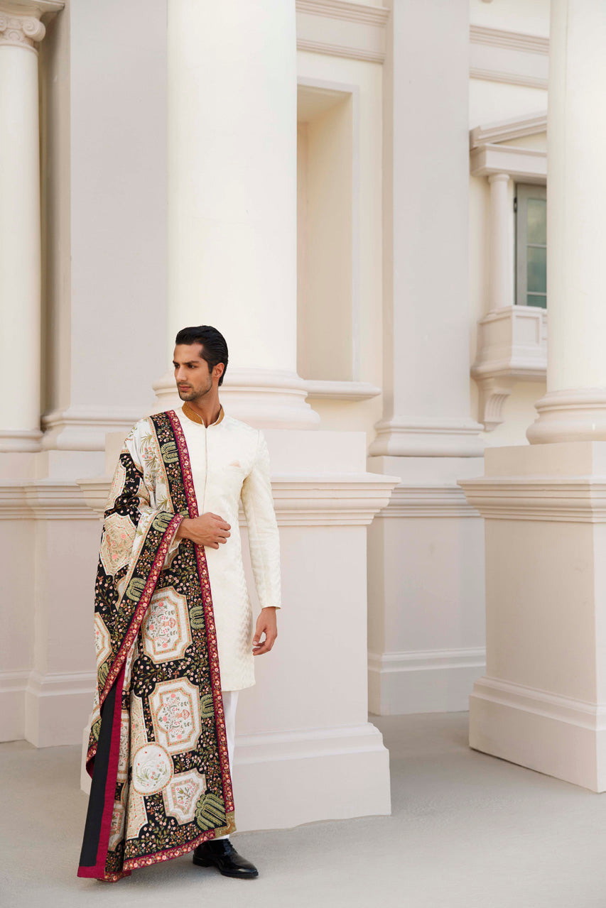 Ivory Embroidered Raw Silk Sherwani (3-Piece) - Image 1