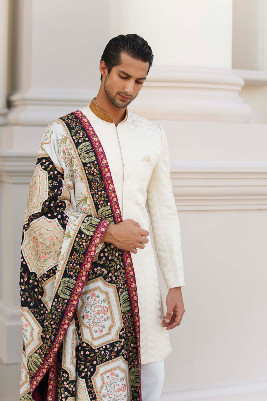 Ivory Embroidered Raw Silk Sherwani (3-Piece) - Image 2
