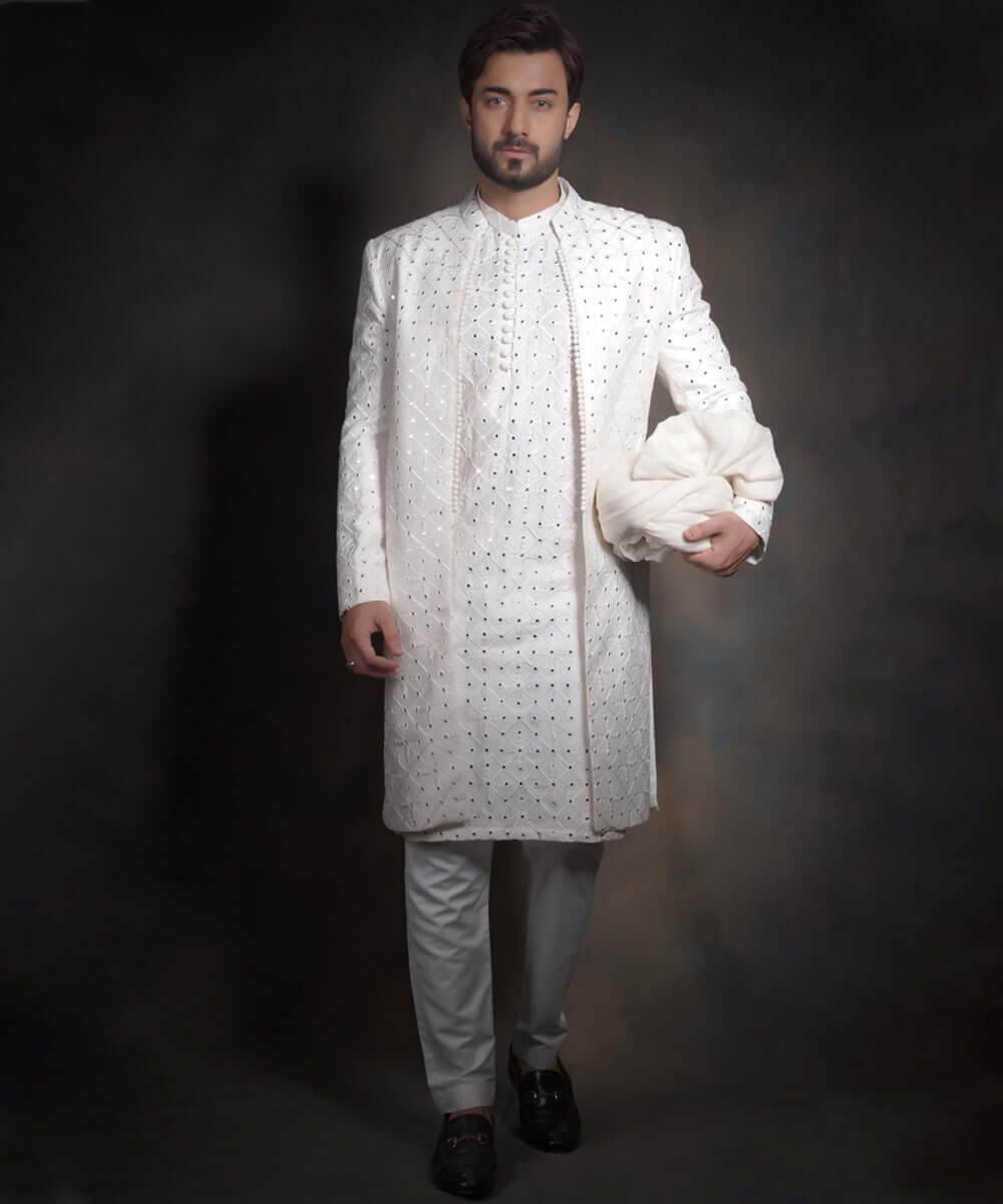 Off-White Mirror Work Raw Silk Sherwani (3-Piece) - Image 1