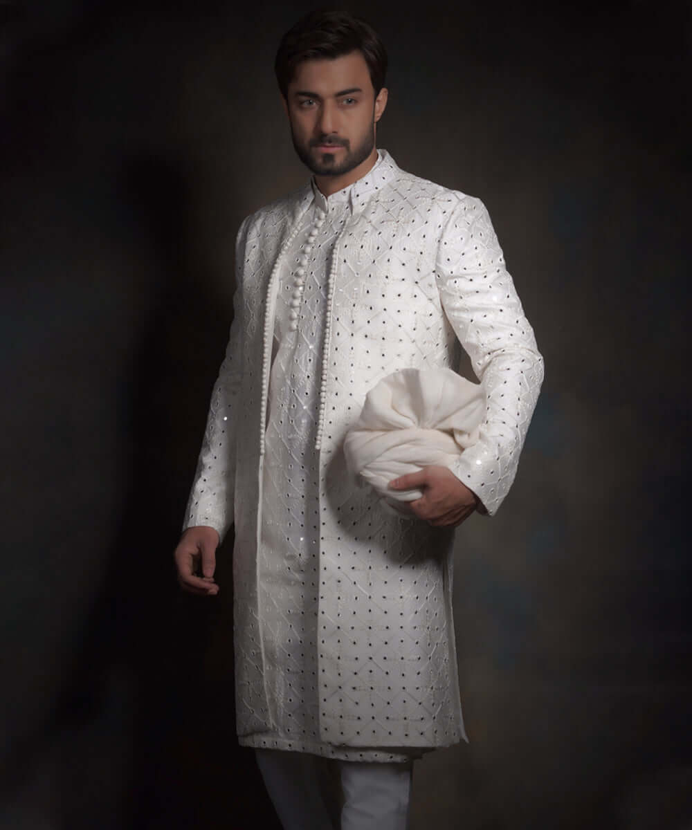 Off-White Mirror Work Raw Silk Sherwani (3-Piece) - Image 2