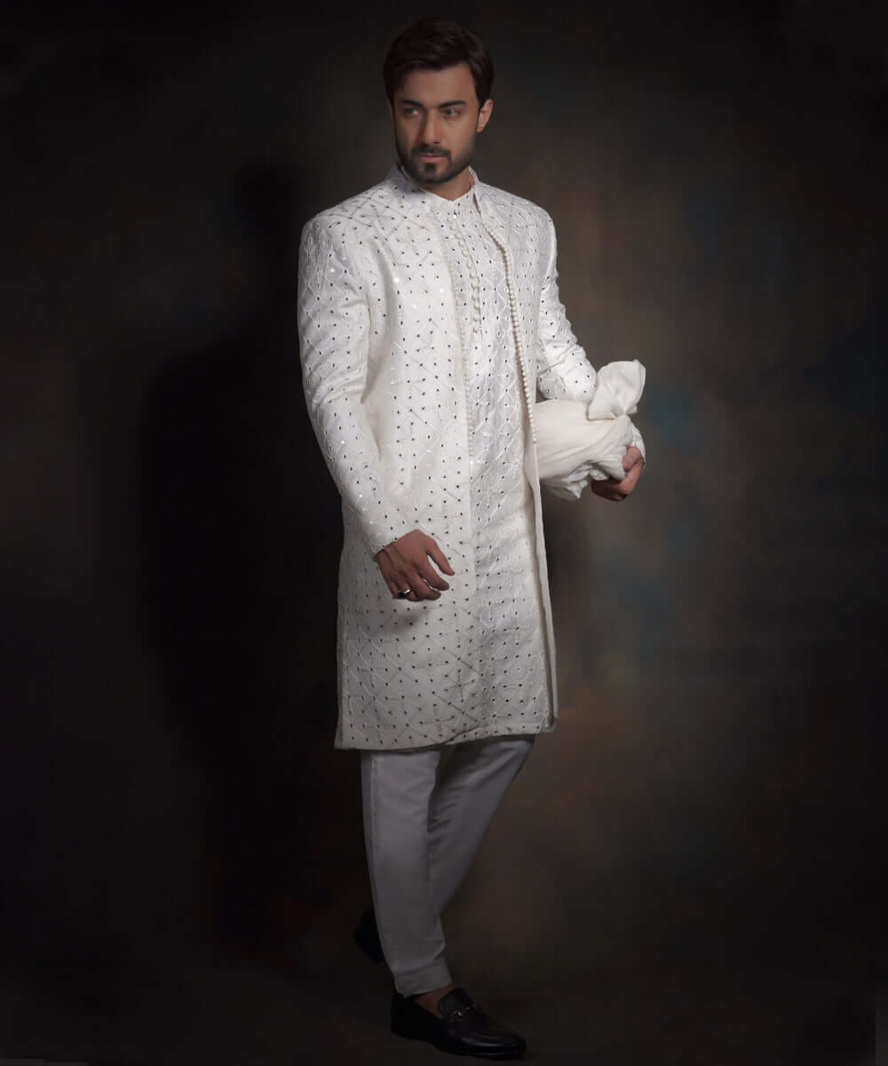 Off-White Mirror Work Raw Silk Sherwani (3-Piece) - Image 3