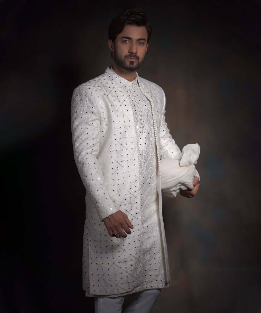Off-White Mirror Work Raw Silk Sherwani (3-Piece) - Image 4