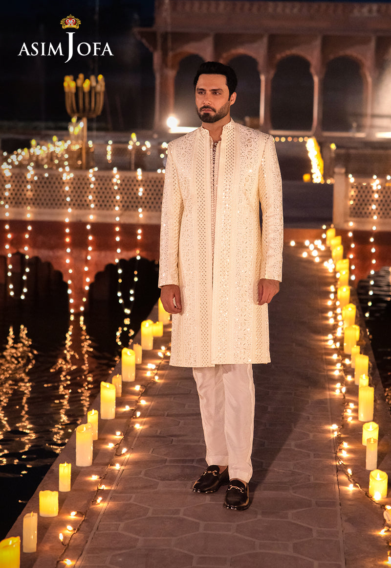Cream Sequined Resham Embroidered Raw Silk Sherwani (3-Piece) - Image 1