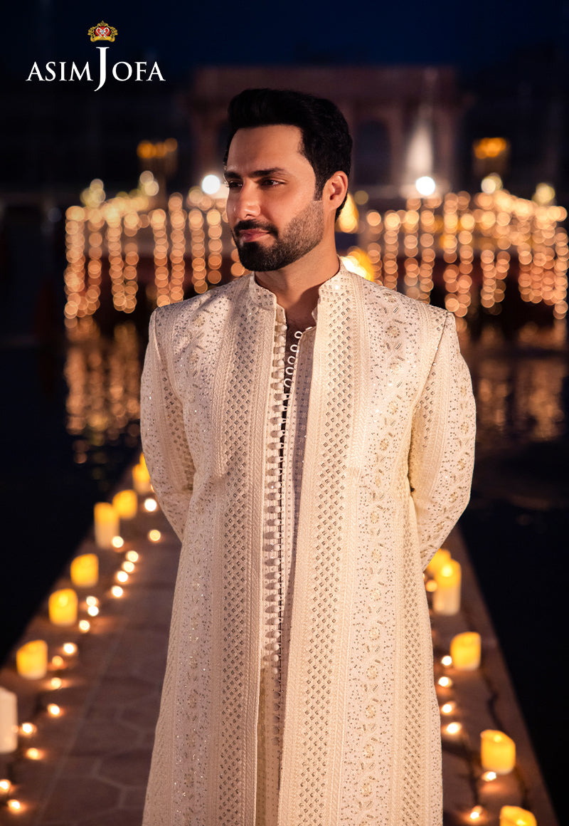 Cream Sequined Resham Embroidered Raw Silk Sherwani (3-Piece) - Image 2
