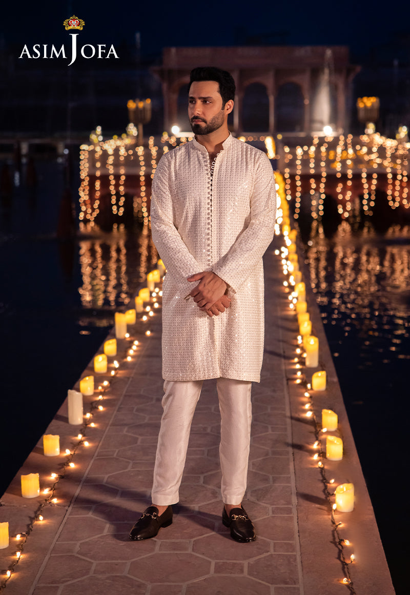 Cream Sequined Resham Embroidered Raw Silk Sherwani (3-Piece) - Image 3