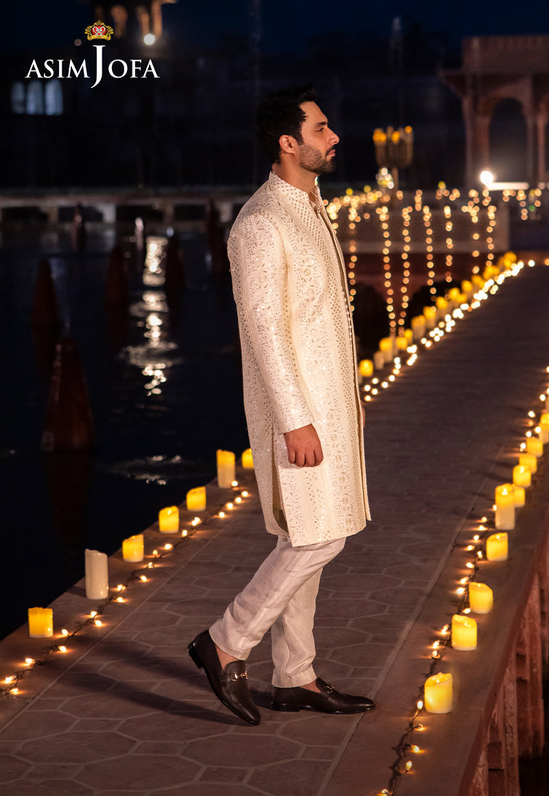 Cream Sequined Resham Embroidered Raw Silk Sherwani (3-Piece) - Image 4