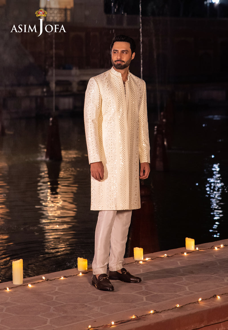 Cream Sequined Resham Embroidered Raw Silk Sherwani (3-Piece) - Image 5