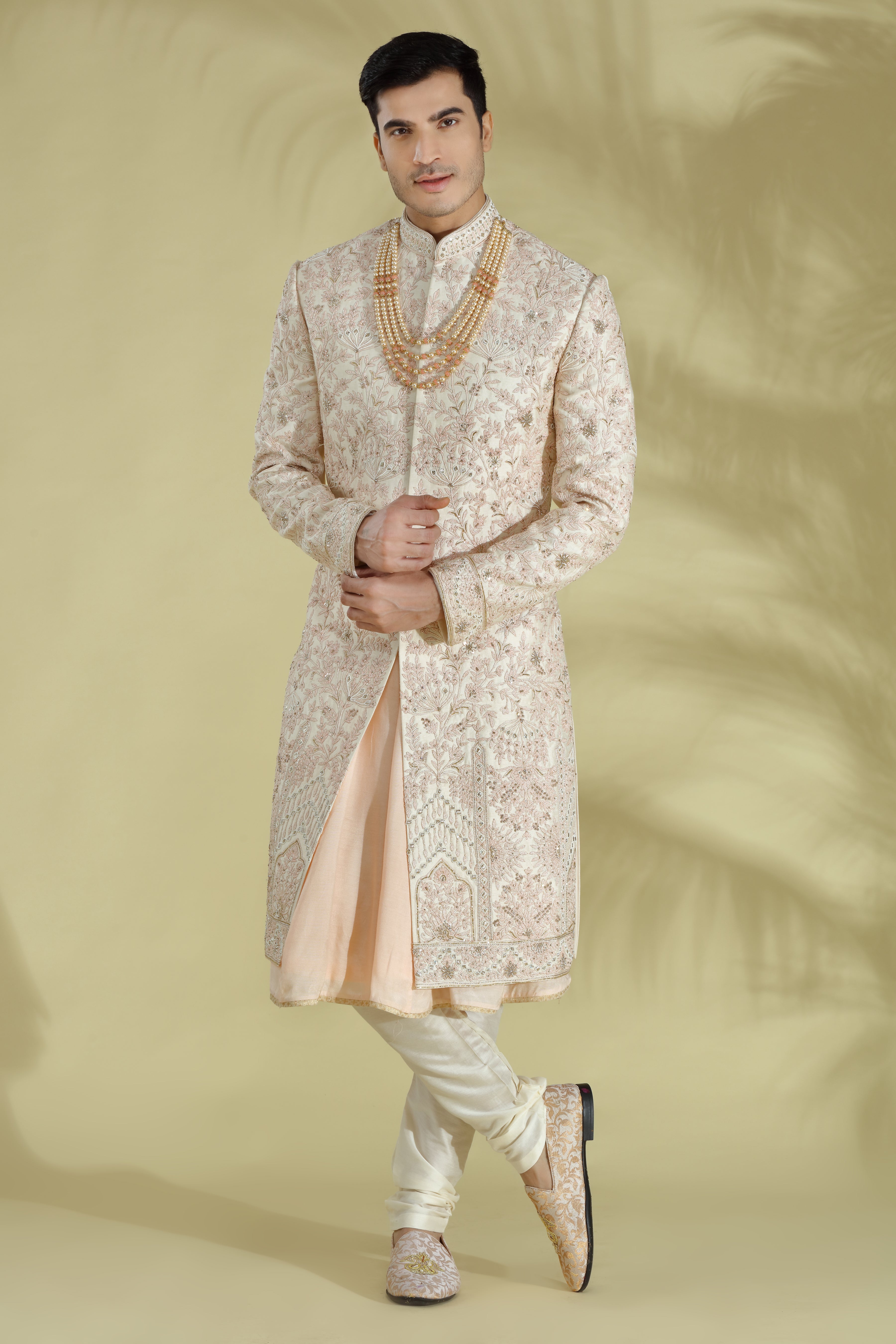 Ivory Embroidered Raw Silk Sherwani (3-Piece) - Image 1
