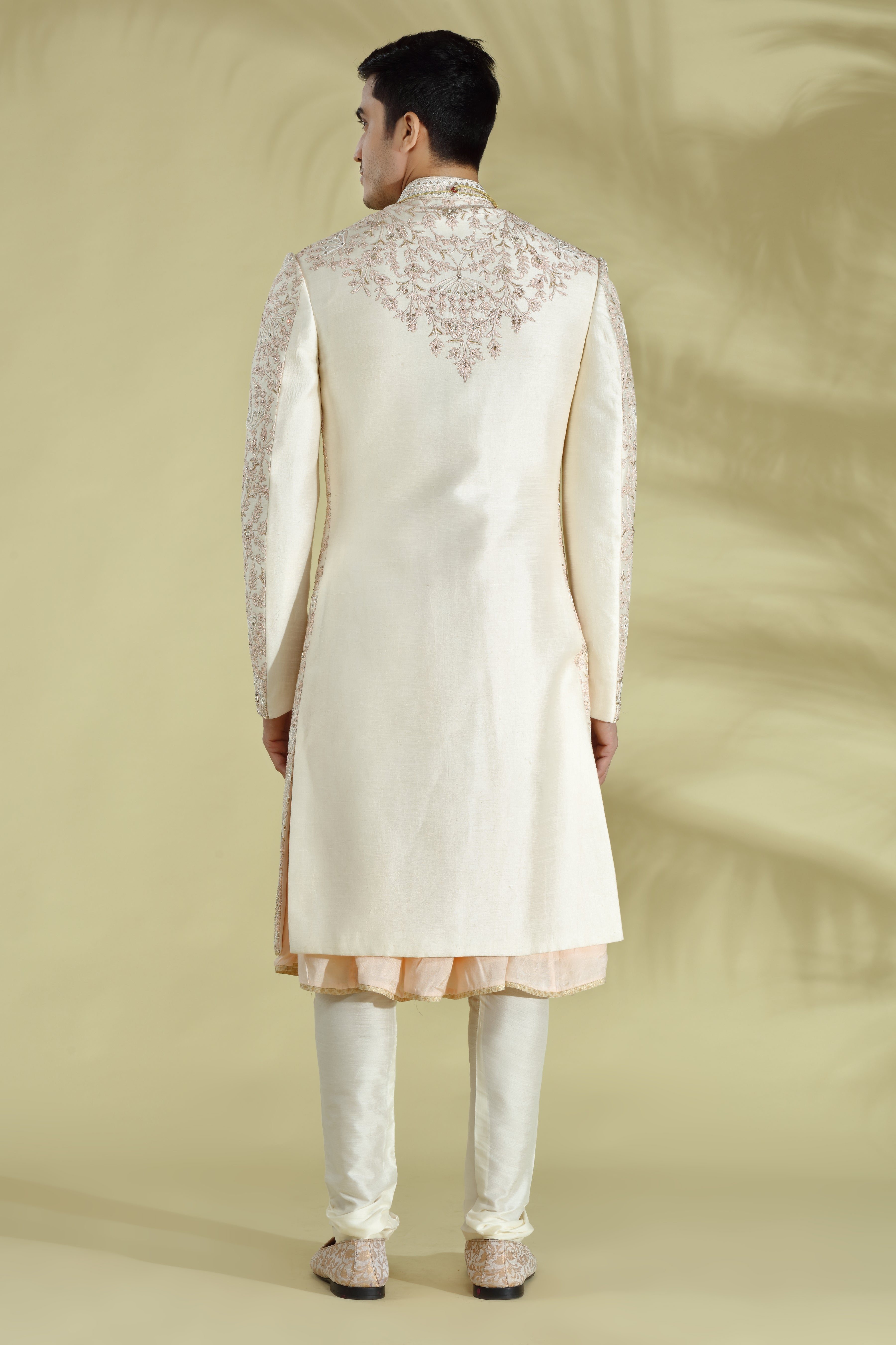 Ivory Embroidered Raw Silk Sherwani (3-Piece) - Image 3