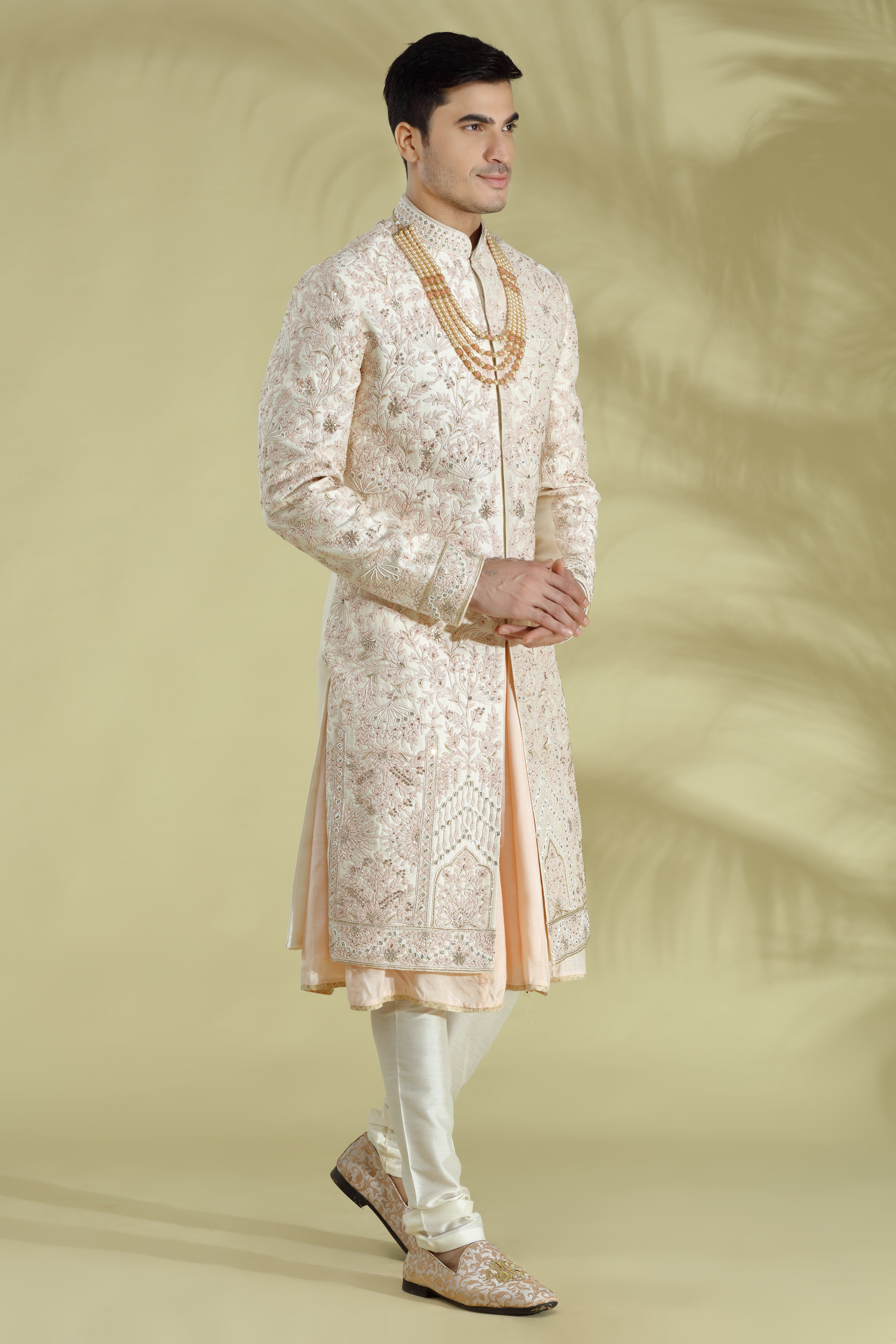 Ivory Embroidered Raw Silk Sherwani (3-Piece) - Image 4