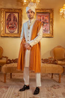 Off White Schiffli Raw Silk Groom Sherwani (3-Piece) - Image 2