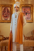 Off White Schiffli Raw Silk Groom Sherwani (3-Piece) - Image 3