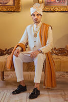 Off White Schiffli Raw Silk Groom Sherwani (3-Piece) - Image 4