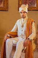 Off White Schiffli Raw Silk Groom Sherwani (3-Piece) - Image 5