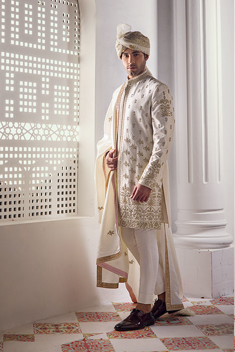 Off-White Hand Embroidered Raw Silk Sherwani (3-Piece) - Image 1
