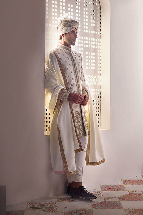 Off-White Hand Embroidered Raw Silk Sherwani (3-Piece) - Image 2