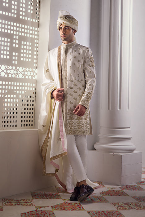Off-White Hand Embroidered Raw Silk Sherwani (3-Piece) - Image 3