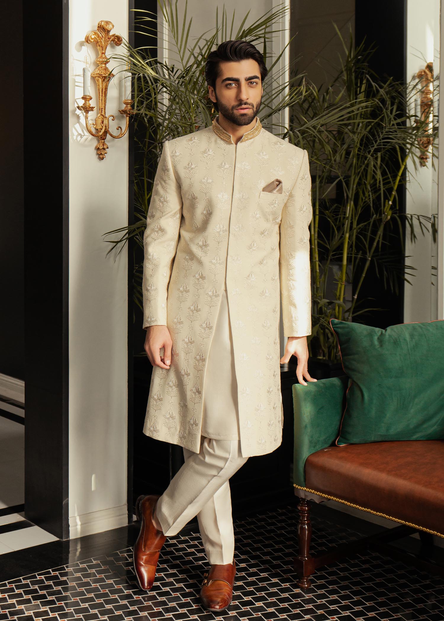 Ivory Embroidered Rawsilk Groom Sherwani (2-Piece) - Image 1