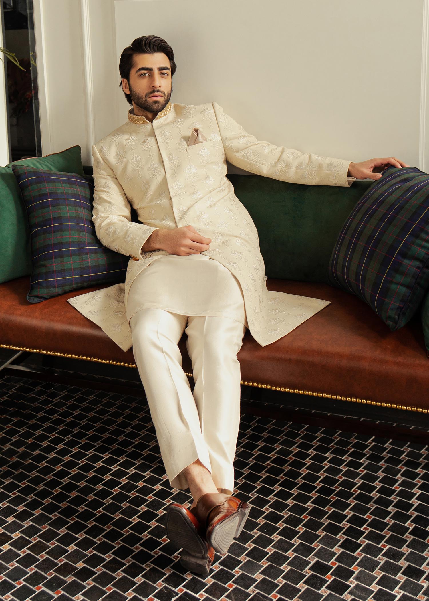Ivory Embroidered Rawsilk Groom Sherwani (2-Piece) - Image 2
