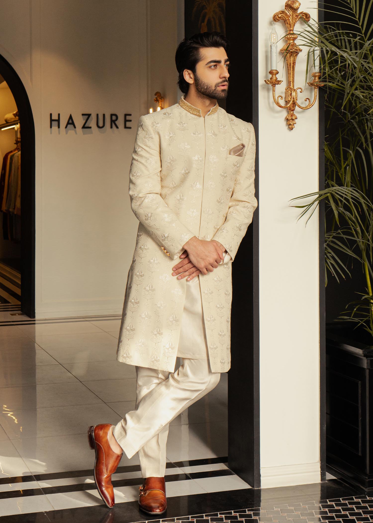 Ivory Embroidered Rawsilk Groom Sherwani (2-Piece) - Image 3