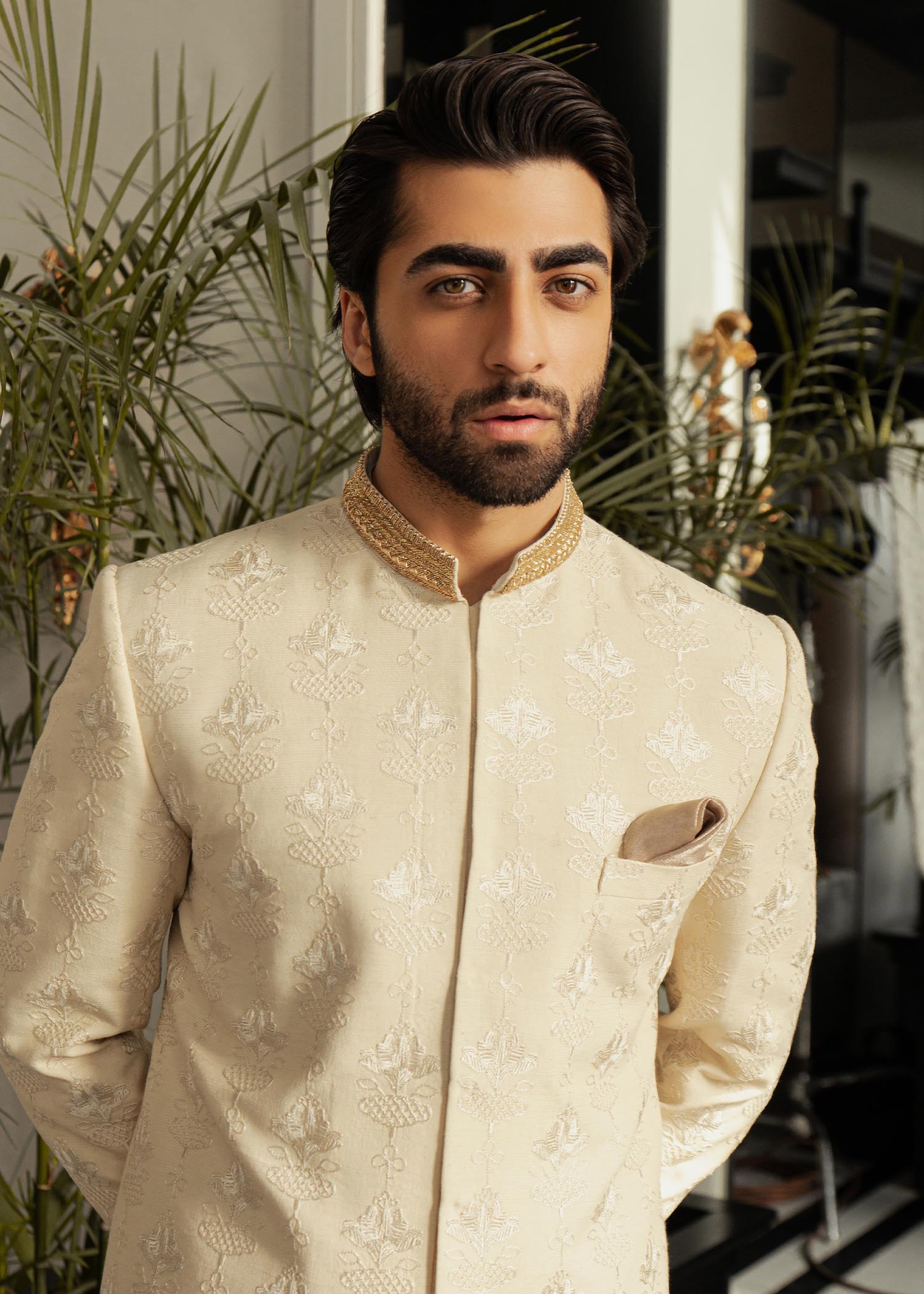 Ivory Embroidered Rawsilk Groom Sherwani (2-Piece) - Image 4