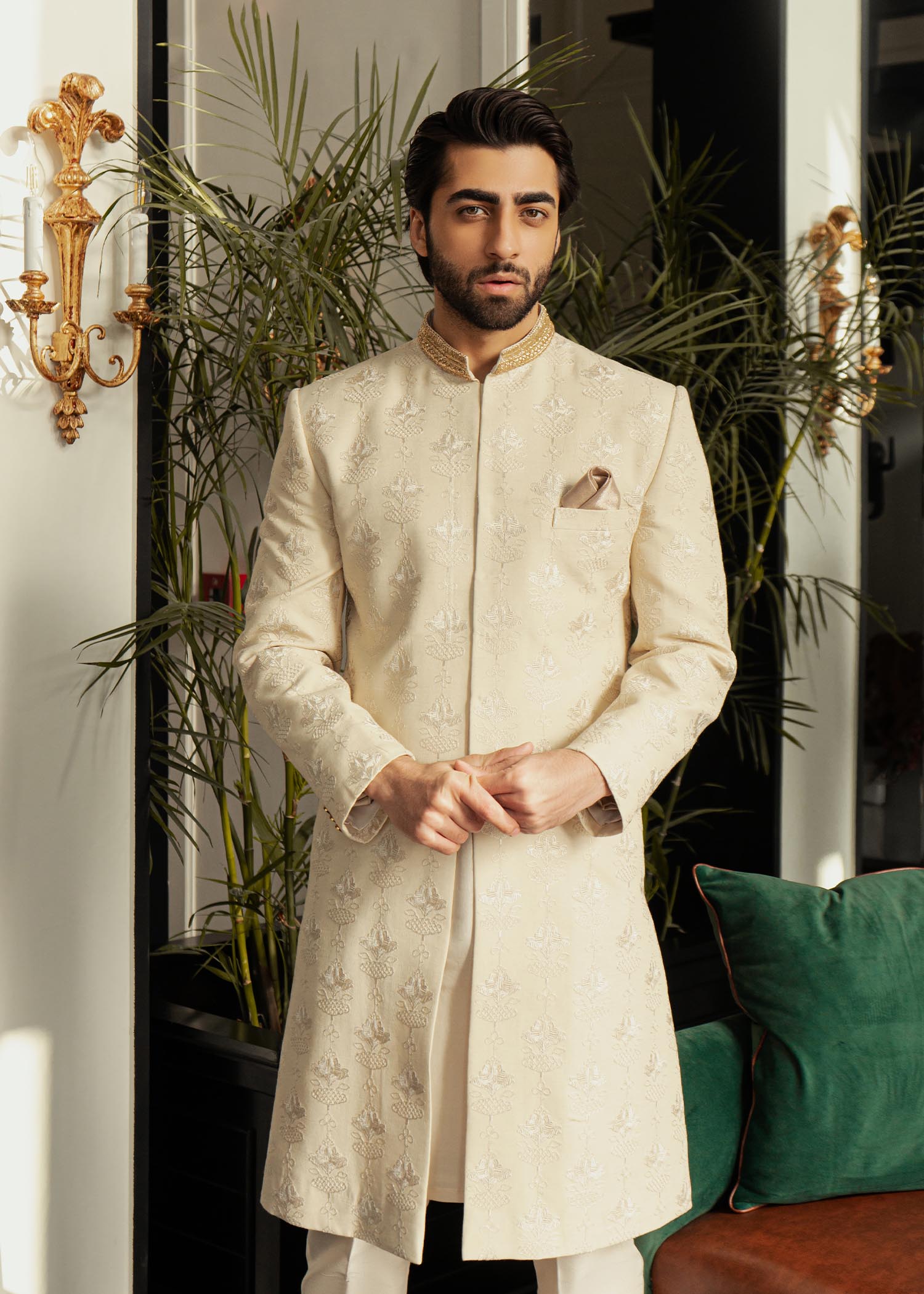 Ivory Embroidered Rawsilk Groom Sherwani (2-Piece) - Image 5
