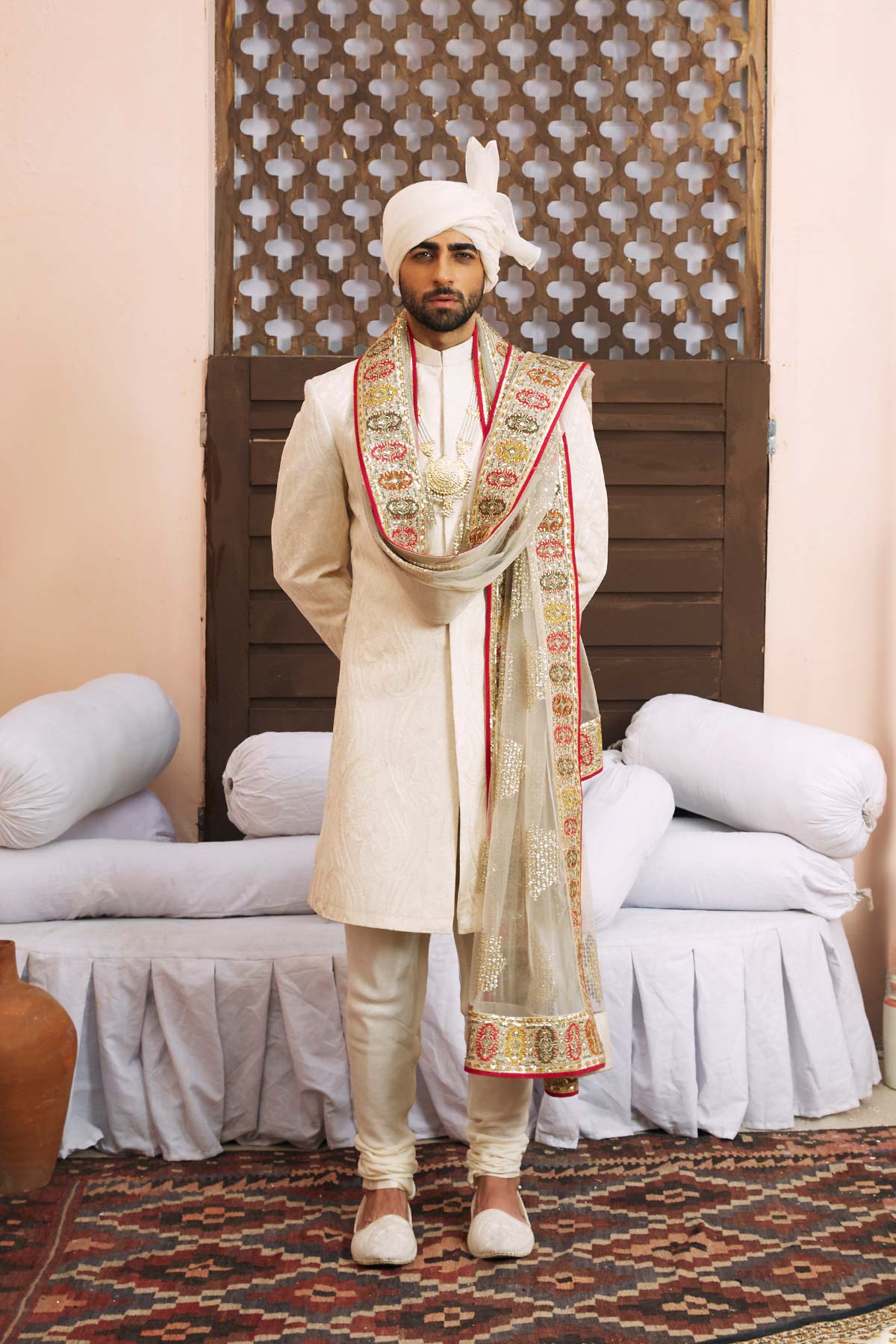 Artic Wolf Paisley Self-Embroidered Raw Silk Sherwani (3-Piece) - Image 1