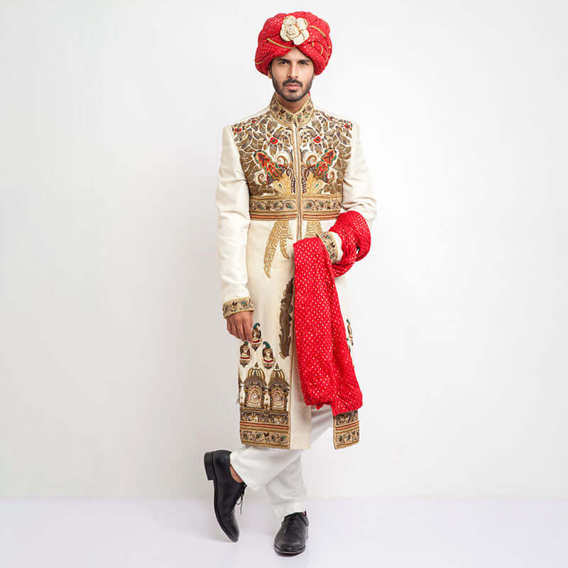 Ivory Embroidered Raw Silk Groom Sherwani (5-Piece) - Image 1