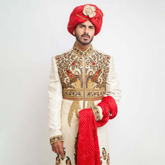 Ivory Embroidered Raw Silk Groom Sherwani (5-Piece) - Image 3