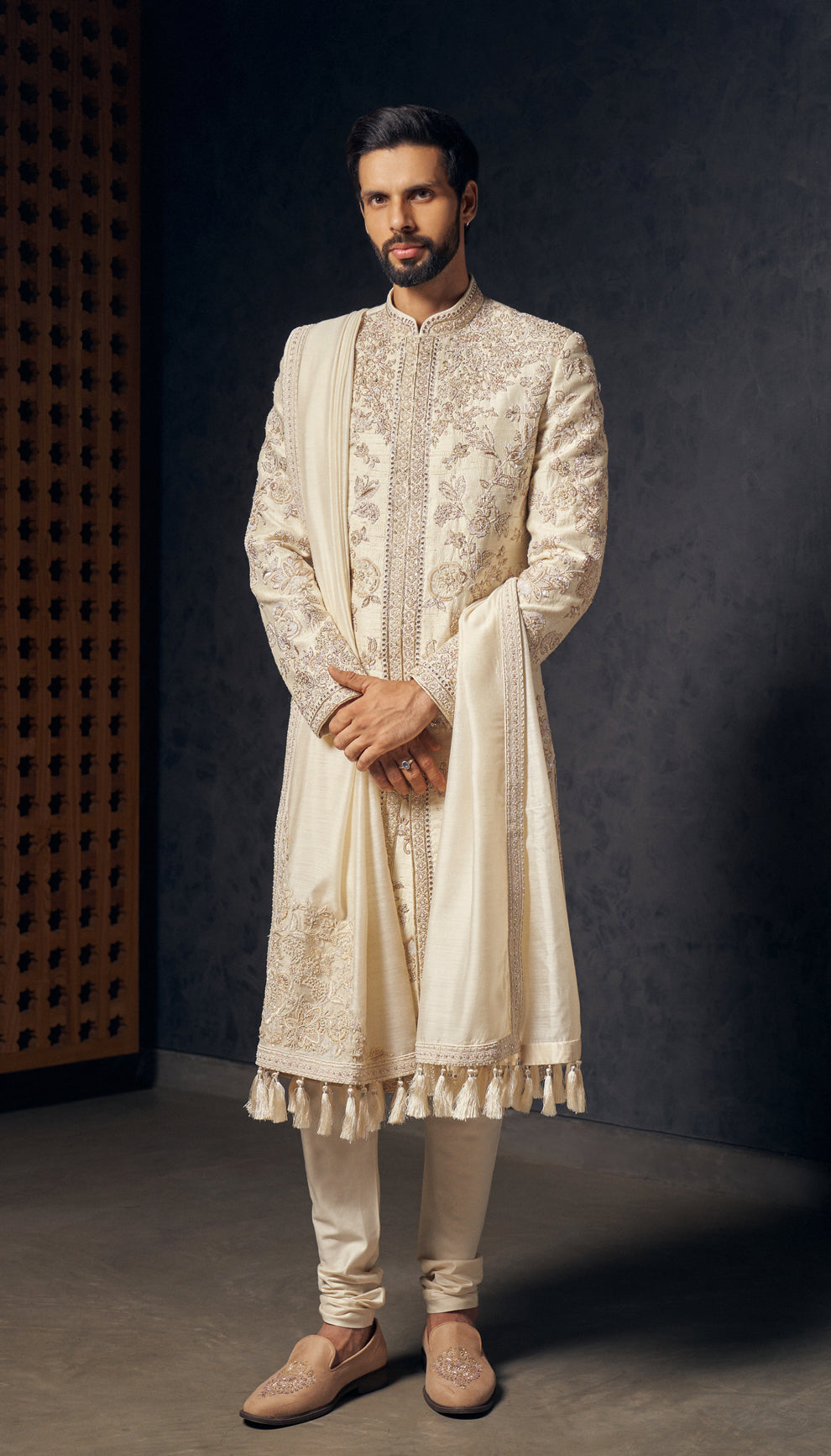 Ivory Zardozi Raw Silk Sherwani (3-Piece) - Image 1