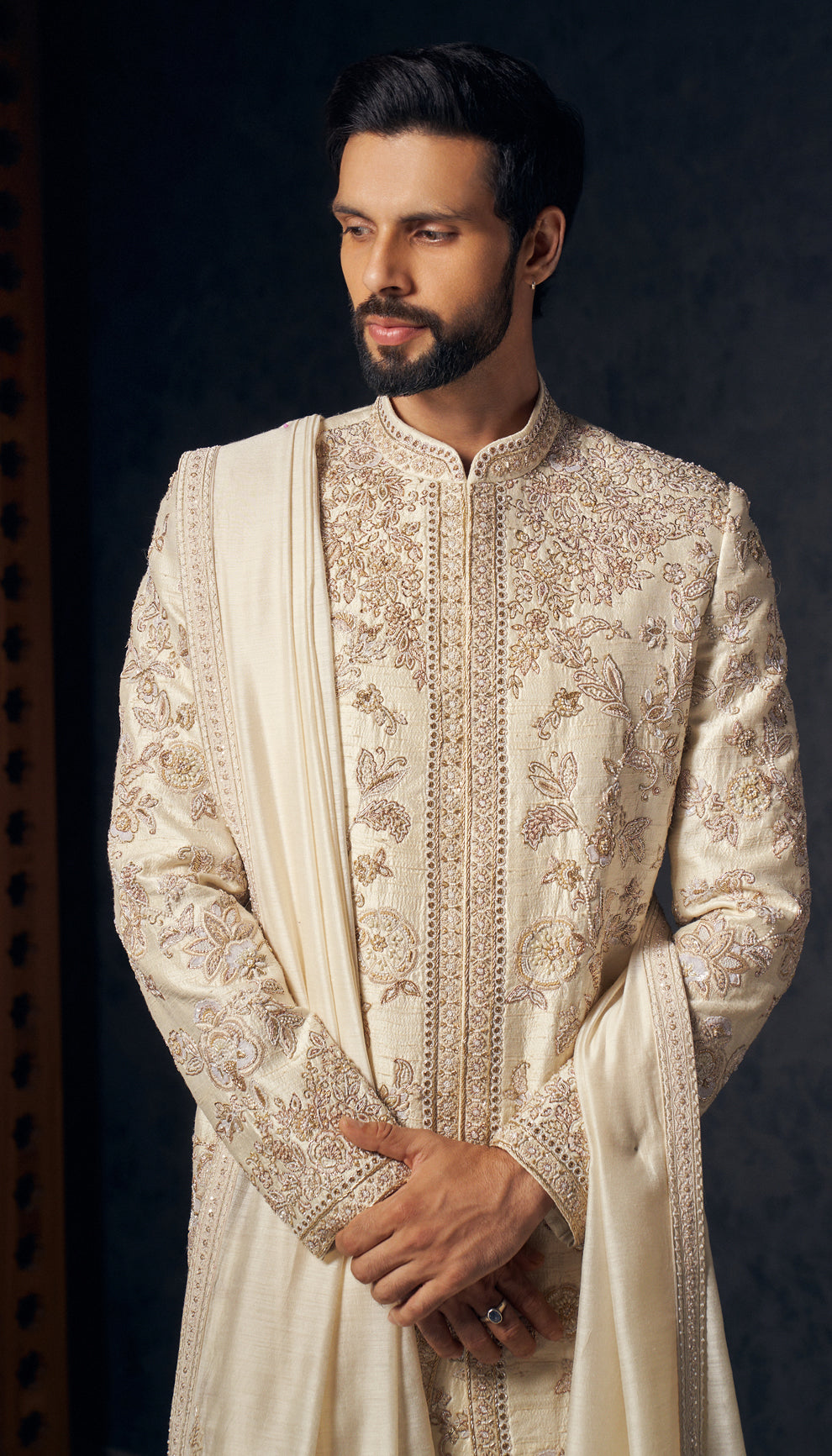 Ivory Zardozi Raw Silk Sherwani (3-Piece) - Image 2