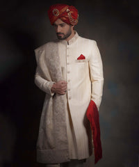 Ivory Gold Zardozi Raw Silk Groom Sherwani (3-Piece) - Image 4