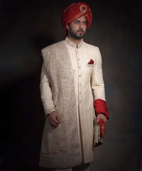 Ivory Gold Zardozi Raw Silk Groom Sherwani (3-Piece) - Image 5