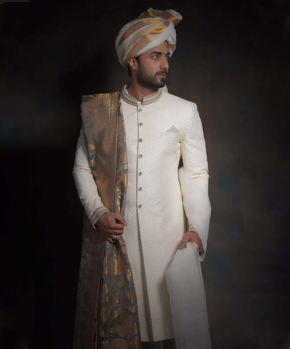 Ivory White Zardozi Raw Silk Sherwani (4-Piece) - Image 3