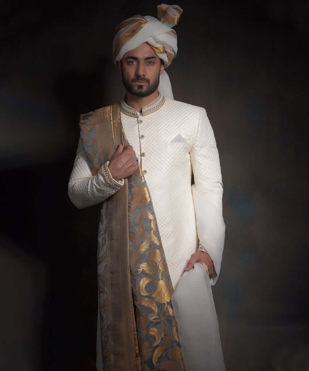 Ivory White Zardozi Raw Silk Sherwani (4-Piece) - Image 4