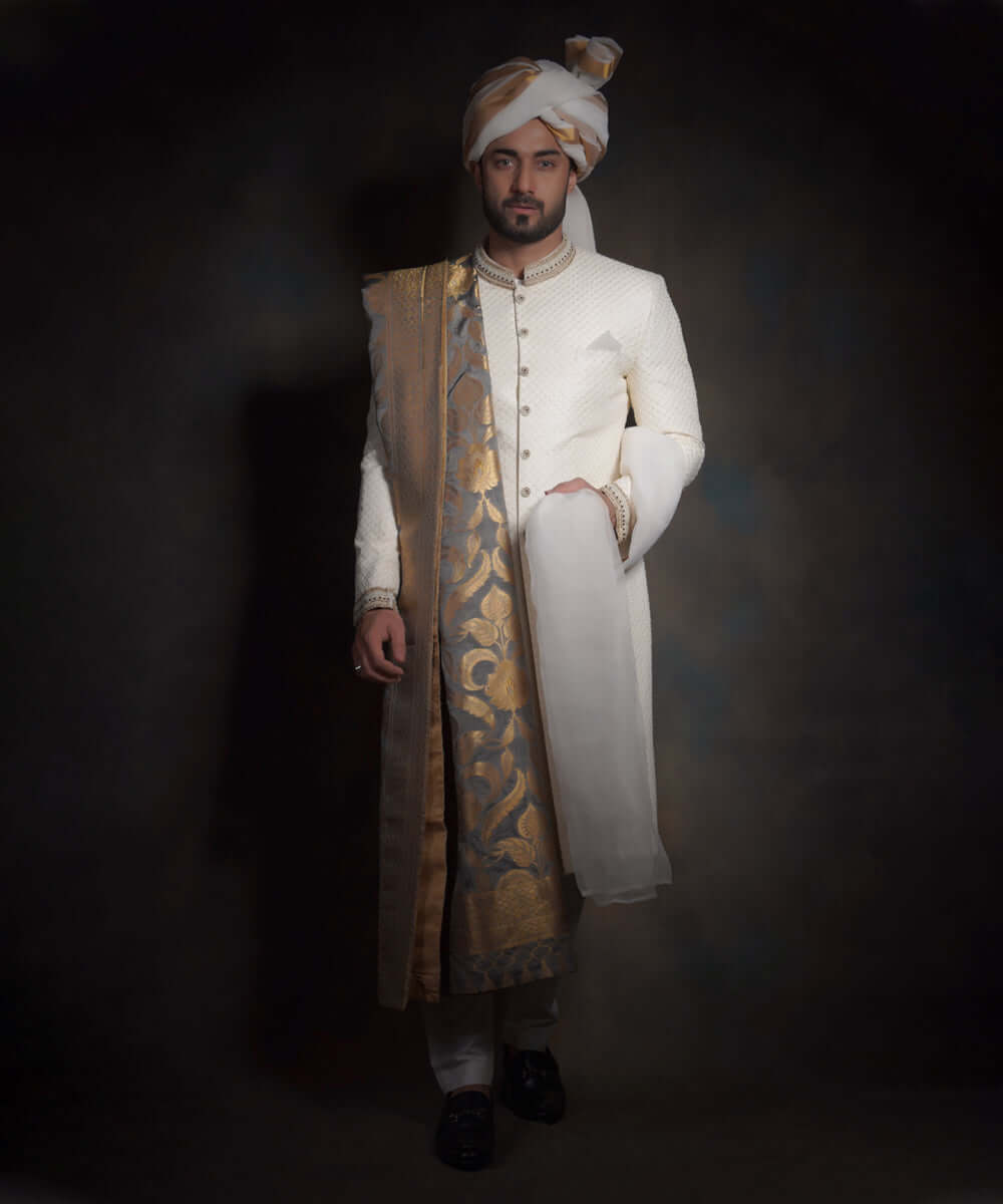 Ivory White Zardozi Raw Silk Sherwani (4-Piece) - Image 5
