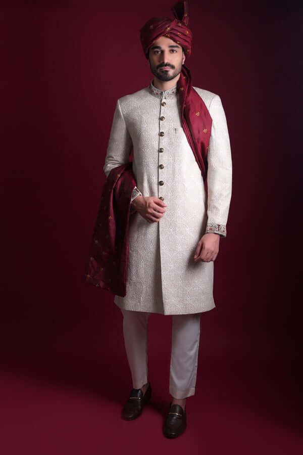 Ivory Beige Embroidered Raw Silk Groom Sherwani (3-Piece) - Image 1