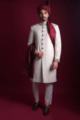 Ivory Beige Embroidered Raw Silk Groom Sherwani (3-Piece) - Image 2