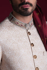 Ivory Beige Embroidered Raw Silk Groom Sherwani (3-Piece) - Image 3