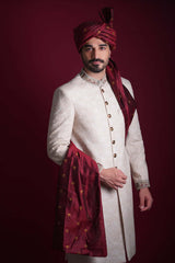 Ivory Beige Embroidered Raw Silk Groom Sherwani (3-Piece) - Image 4