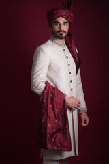 Ivory Beige Embroidered Raw Silk Groom Sherwani (3-Piece) - Image 5